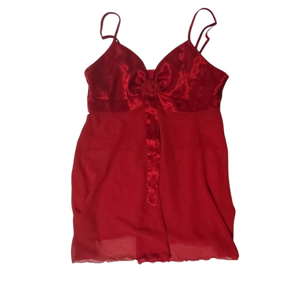 Red Satin Babydoll Lingerie Tie Front Slip Dress Silk Sheer Rose-Small